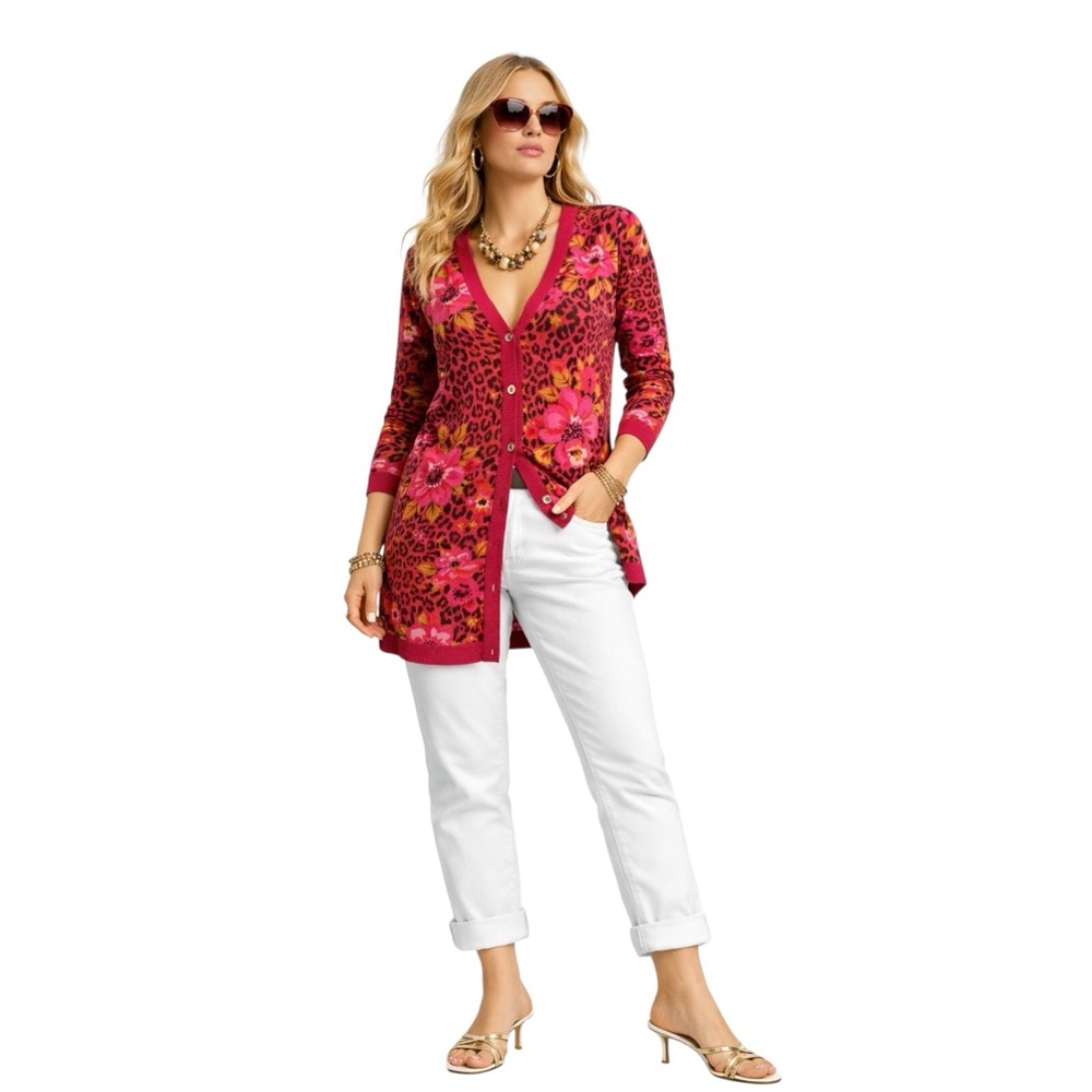 ISAAC MIZRAHI hot pink leopard + roses cardigan animal print women’s small